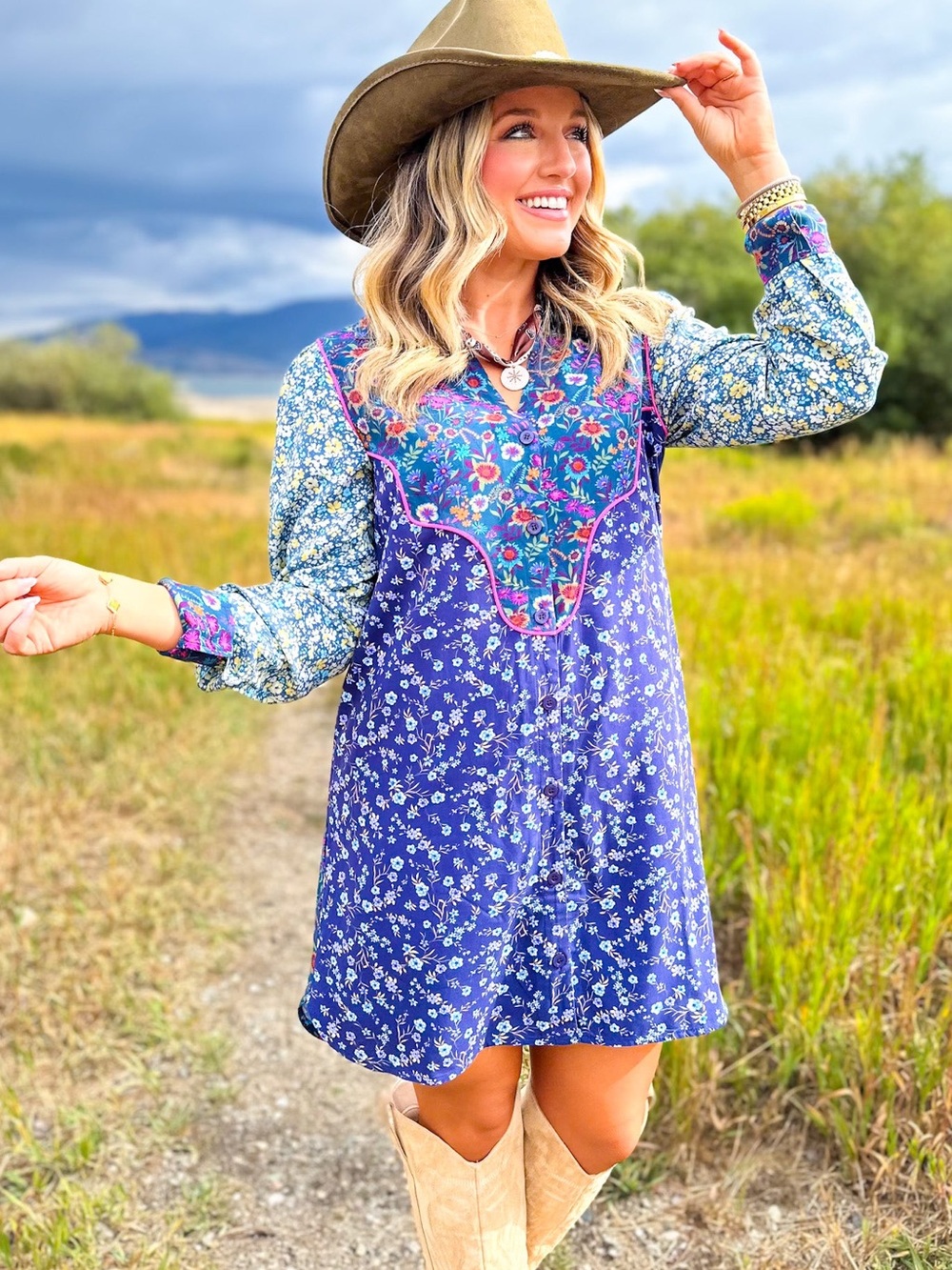 SSYS Livvy Mix Print Dress Long Sleeve Boho Chic Western in Patchwork Floral M